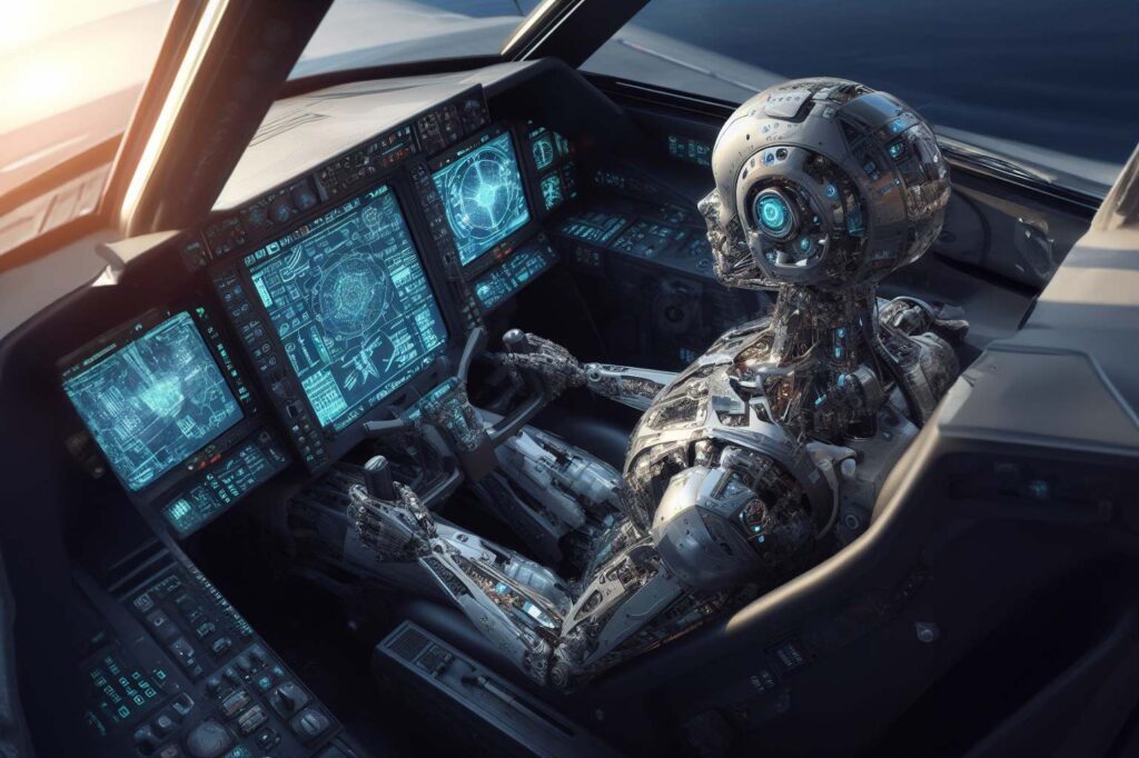 Un robot humanoïde pilotant un avion de chasse dans un cockpit futuriste.